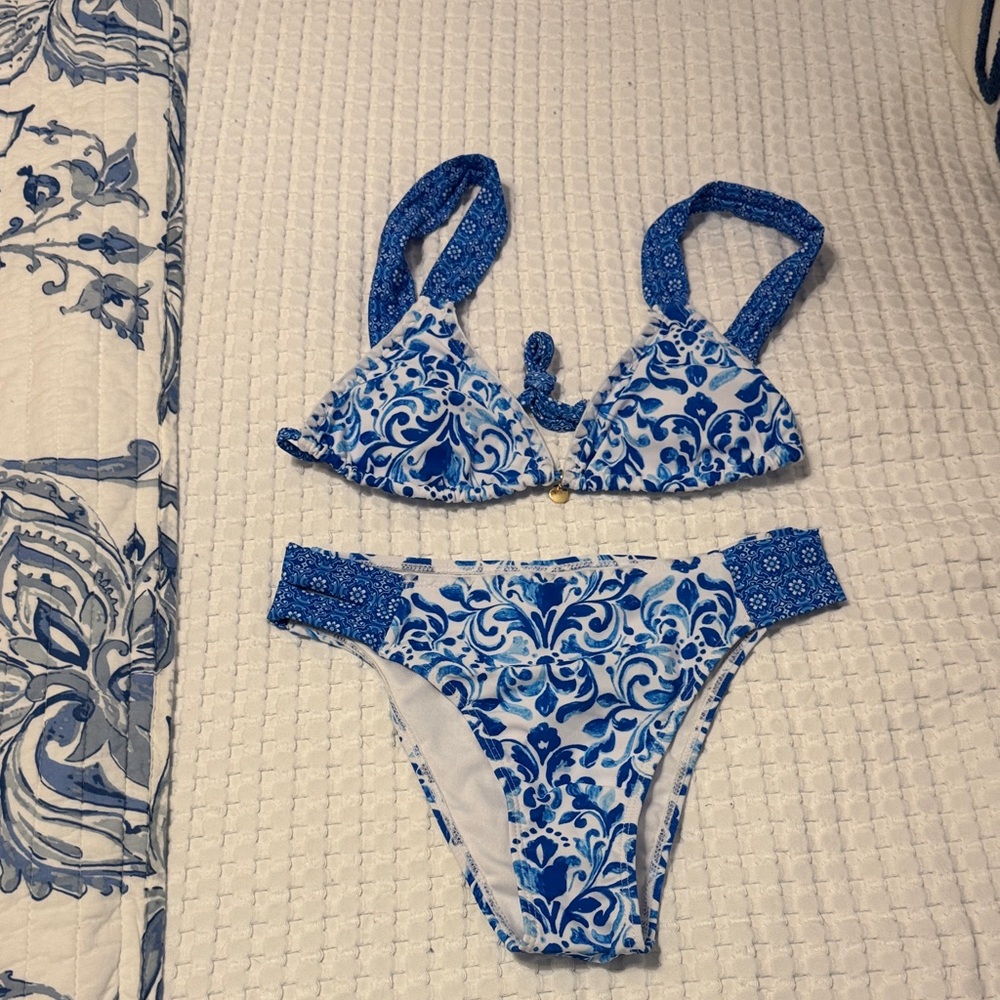 Blue and white bikini set
